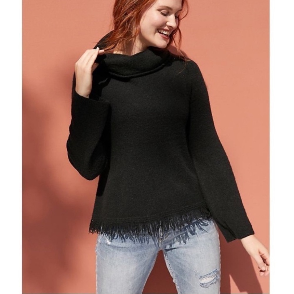Anthropologie Akemi + Kin Aruna Turtleneck Fringe Bottom Sweater Black Size XS